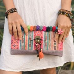 Fair Trade- This Super Cute Bag Can Be Worn As A Clutch Or Add The Strap To Wear As A Crossbody Pink Summer Beach Clutch, Handmade Multicolor Clutch For Summer, Multicolor Clutch For Vacation, Multicolor Vacation Clutch, Handmade Bohemian Clutch For Spring, Bohemian Pink Bag For Summer, Bohemian Pink Bags For Summer, Handmade Bohemian Spring Clutch, Pink Summer Festival Bag