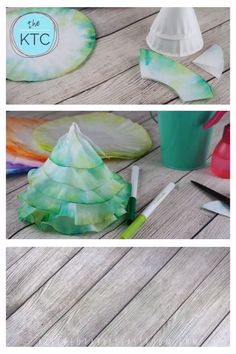 the steps to make an umbrella out of tissue paper and other crafting supplies on a wooden table