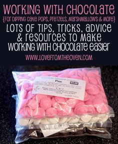 a bag of pink chocolate covered in white frosting with the words working with chocolate