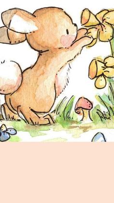 an illustration of a bunny picking flowers from the ground