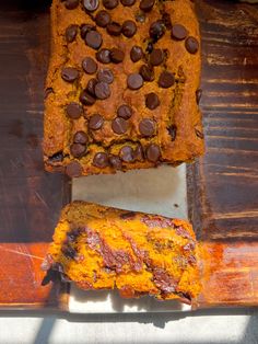 two slices of chocolate chip pumpkin bread