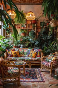 a living room filled with lots of plants and wicker furniture on top of a tiled floor