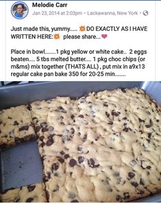 a cookie cake with chocolate chips cut into squares and placed in a baking pan on top of a counter