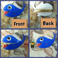 four different pictures of blue fish with faces and hair combs in front, back, and side views