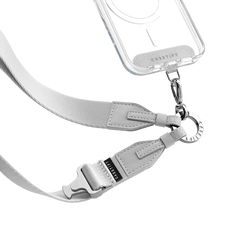 a camera strap attached to a cell phone case on a white background with clippings