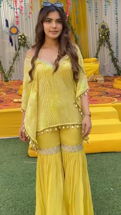 Haldi Outfit Jewellery, Yellow Coord Sets, Sharara Coord Sets, Diwali Looks For Women, Designer Haldi Outfit For Women, Indian Dhoti Dress For Women, Haldi Dhoti Outfit, Wedding Sister Outfit, Shagun Outfits For Women