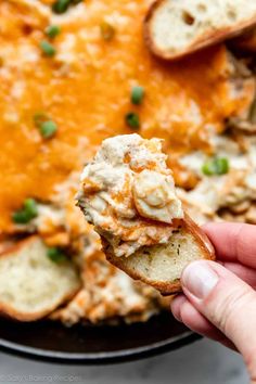 a hand holding a piece of bread with cheese and meat on it