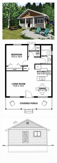 two story house plans with one bedroom and living room on the first floor, while another has