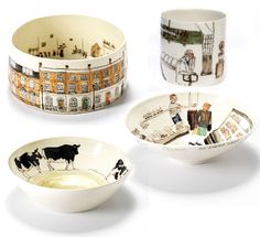 four bowls with pictures of people and animals painted on the sides, all in different designs