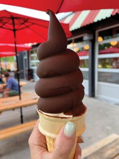 a hand holding an ice cream cone with chocolate on top