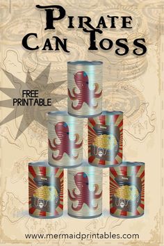 six cans of pirate can toss are stacked on top of each other with the words free printable