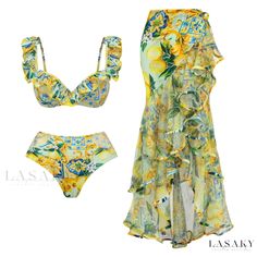 Lasaky - Womens Lemon Print Swimsuit with Mesh Overlay and Lotus Leaf Trim Vintage Inspired Swimwear, Holiday Bikinis, Retro Swimwear, Sleeve Swimsuit, Vintage Swimsuit, Rock Outfit, Push Up Swimsuit, Middle Age Fashion, Vintage Swimwear