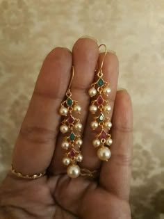 Hanging Pearl Earrings, Ear Hangings Indian Gold, 2 Grams Gold Earrings Designs, Light Weight Gold Earrings, Pearl Earrings Indian, Jewellery Earrings Gold, Light Weight Gold Jewellery