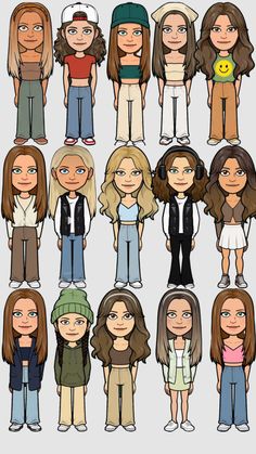 cartoon people with different hair styles and colors, all standing in the same line up