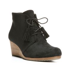 Festive style meets Dr. Scholl's comfort in these Dakota wedge ankle boots. Their tassel accents and woodgrain wedges bring bohemian flair to any outfit.BOOT FEATURESTassel accentsStacked wedgeTraction soleBOOT CONSTRUCTIONFaux-suede upperFabric liningTPR outsoleBOOT DETAILSRound toeLace-up closureMemory Foam Cool Fit insole2.25-in. wedge Size: 6. Color: Black. Gender: female. Age Group: adult. Material: Faux Suede. Womens Black Booties, Dr Scholls, Wrap Heels, Wedge Ankle Boots, Comfortable Boots, Lace Up Booties, Comfortable Heels, Womens Wedges, Black Booties