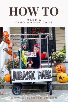 two children in a wagon with halloween decorations on the steps and text overlay how to make a dinosaur wagon