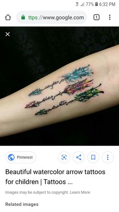 a tattoo on someone's arm that says beautiful watercolor arrow tattoos for children