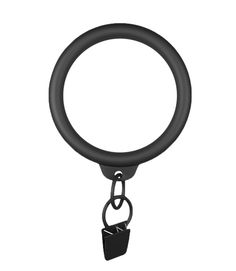 a black ring hanging from a hook on a white background