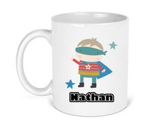 a white coffee mug with the name nathan on it and a cartoon character holding a star