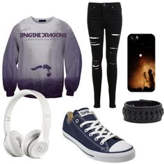 an outfit with headphones, sneakers and cell phone