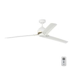 a white ceiling fan with two remote controls