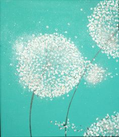 a painting of white flowers on a blue background