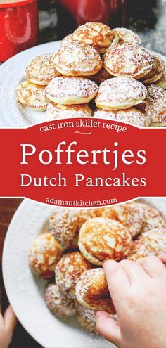 a plate full of powdered donuts with the title overlay reading, easy non - skill recipe for pufferies dutch pancakes