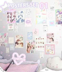 a bedroom with posters on the wall and a pink bed in front of it that says poster set 01