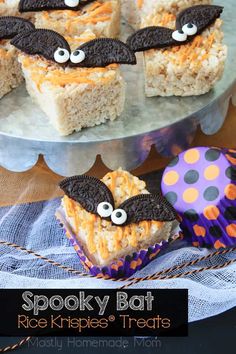 spooky bat rice krispies treats on a plate