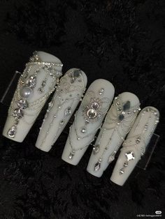 Extra Wedding Nails, Nails With Crystals, Nails Pearl, Asian Nails, Punk Nails, Fantasy Nails, Grunge Nails