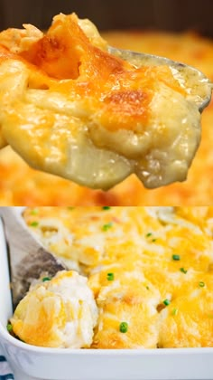 two pictures showing the same casserole in different stages of being spooned out