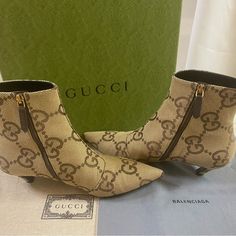 Authentic Gucci Ankle Boots, Gucci In Colaboration With Balenciaga, Gg Monogrammed Leather, Zipper Closure, Excellent Condicion, Come With Dust Bag, Replacement Tap And Box Designer Beige Ankle Boots, Gucci Brown Ankle Boots, Chic Brown Gucci Boots, Gucci Designer Ankle Boots, Designer Gucci Ankle Boots, Gucci Formal Brown Boots, Designer Beige High Heel Boots, Designer Beige Formal Boots, Designer Beige Boots For Formal Occasions