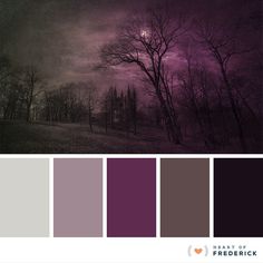 the color scheme is purple and grey with trees in the background, including dark clouds