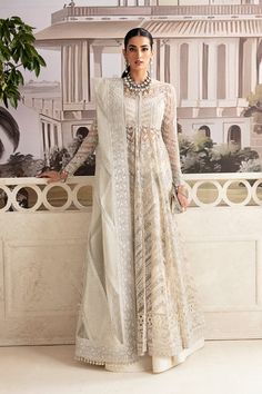 Classic Embroidered Pakistani Wedding Wear Off White Pishwas Frock White Pishwas, Pakistani Designer Clothes, Pakistani Wedding Dresses, Wedding Formal, Pakistani Wedding, Fabric Stores Online, Beautiful Saree, Embellished Dress, Wedding Wear