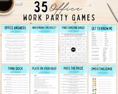 the 25 office work party games are shown with coffee and pen on top of it