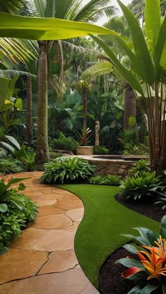 a lush green garden with lots of trees and plants in the center, surrounded by palm trees