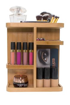 a wooden shelf filled with cosmetics and makeup products