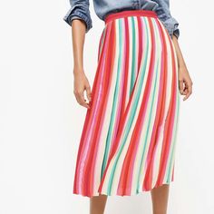 J. Crew Sunburst Pleated Skirt In Watermelon Stripe Size 00. Contrasting Watermelon Stripes Add A Fun Burst Of Color To This Easy, Wear-Anywhere Silhouette. The Secret To This Skirt's Flattering Fit? Its Sunburst-Style Pleats, Which Lie Flat At The Waist For A Clean, Streamlined Effect. We Love Pairing It With A Graphic Tee And Sandals For An Easy, Everyday Look. Back Zip. Lined. Machine Wash Multicolor Pleated Flared Skirt, Colorful Vibrant Skirt For Spring, Vibrant Colorful Skirt For Spring, Colorful Vibrant Spring Skirt, Vibrant Colorful Spring Skirt, Pink Flowy Pleated Skirt For Summer, Pink Pleated Summer Skirt, Pink Pleated Bottoms For Day Out, Pink Flared Skirt For Brunch