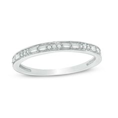 Celebrate your years together with this sparkling diamond anniversary band. Crafted in cool 10K white gold, the slim design shimmers with alternating trios of round diamonds and duos of horizontal baguette-cut diamonds. Radiant with 1/8 ct. t.w. of diamonds and a brilliant buffed luster, this anniversary band is a bright symbol of your love. Diamond White Eternity Band With Baguette Diamonds For Anniversary, Classic Eternity Band With Baguette Diamonds For Anniversary, White Baguette Diamond Eternity Band For Anniversary, Contour Wedding Band, Diamond Anniversary Bands, Platinum Diamond Rings, White Gold Wedding Bands, Sparkling Diamond, Baguette Cut Diamond