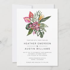 Tropical Colorful Wedding Invitation Tropical Floral Wedding, Colorful Wedding Invitations, Romantic Florals, Pink Hibiscus, Wedding Anniversary Invitations, Green Wedding Invitations, Monstera Leaves, Anniversary Invitations, Colorful Wedding