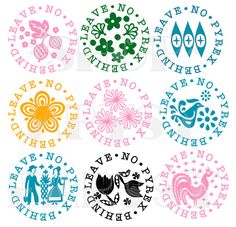 six different colored stickers with the words happy birthday and flowers in each one's center