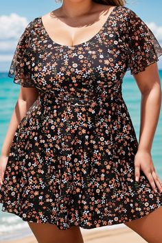 Floral Print Short Sleeve Round Neck Women Swimdress Lined V-neck Beach Dress, Summer Stretch Lined Dress, Stretch Floral Print Vacation Dresses, Stretch Floral Print Dress For Vacation, Floral Print Stretch Dress For Vacation, Stretch Sundress For Beach Season, Printed Stretch Short Sleeve Dresses, Printed Stretch Dresses With Short Sleeves, Printed Stretch Dresses For Beach