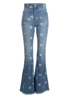 Flare out you look and your attitude with this rad star print flare jean! With a high rise and dramatic flare, these stretch bell bottoms make your legs look a mile long with retro-inspired style that feels cool and modern! An all over star print as well as a frayed hem rounds up the `70s swagger of these denim jeans. Authenticity to vintage-inspired bell bottom jeans cast in a time-worn light-blue wash. Flirty flare features a slender fit through hip and thigh with a dramatic flared leg. Front