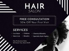 a flyer for a hair salon with the words free consultation 50 % off your first visit