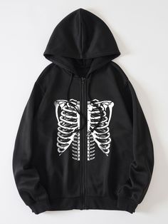 Skeleton Print Zip Up Thermal Lined Drawstring Hoodie Easy 30 day return policy Skeleton Graphic, Thermal Hoodie, Skeleton Print, Winter Outfits Men, Cropped Sweatshirt, Sports Apparel, Loose Outfit, Halloween Sweatshirt, Drawstring Hoodie