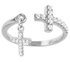 Have faith in the beauty of this gorgeous open-cuff ring, complete with stunning cross details. Elegant Cross-shaped Adjustable Rings, Elegant Adjustable Cross Rings, Elegant Cross Jewelry For Promise, Promise Ring With Cross Shaped Diamond Accents, Diamond Cross Ring With Diamond Accents For Promise, Elegant Cross-shaped Promise Ring, Diamond Accented Cross Promise Ring, Cross Shaped Promise Ring With Diamond Accents, Cross-shaped Promise Ring With Diamond Accents