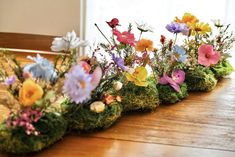 the flowers are arranged in different colors on the mossy planter, along with other plants