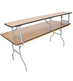 a wooden table with metal legs and a shelf on the top that holds two benches