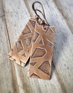 Copper earrings with hand drawn, etched design. Approx 2" in length and very light weight. Etched Copper Jewelry, Etched Metal Jewelry, Etching Metal, Etched Jewelry, Copper Jewellery, Etched Copper, Metal Etching, Metal Clay Jewelry, Rectangle Earrings