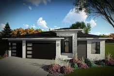 this is an artist's rendering of a modern home in the suburbs with garages